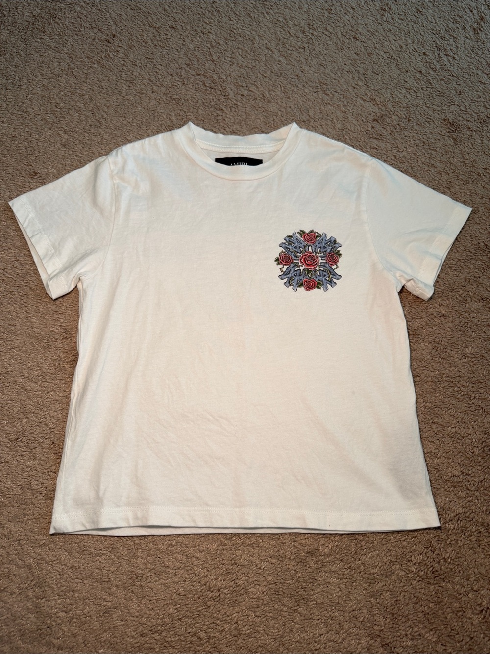 AUTHENTIC AMIRI KIDS White Short-Sleeve Tee with Red Floral Chest Embroidery